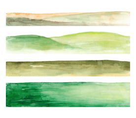 Watercolor green fields set, landscape bottom