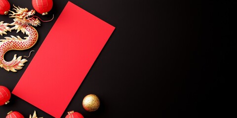 Red and Gold Lunar New Year Decorations on Black Background