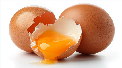 Fresh brown organic chicken eggs with one shell broken and golden yolk spilling out, showcasing the richness of farm-fresh produce