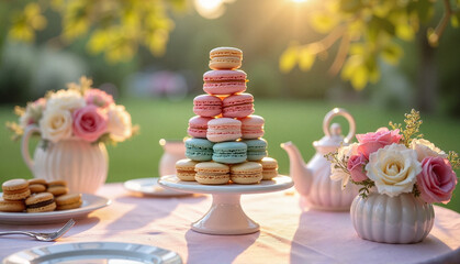 Beautiful wedding macarons displayed in a garden setting at sunset  