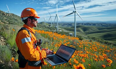 A wind farm technician analyzes data on a laptop amidst vibrant wildflowers in a scenic landscape - Powered by Adobe