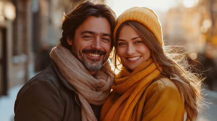 Couple in love embraces tenderly, celebrating the joy of impending parenthood on a warm autumn day in the city