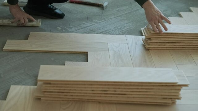 Worker installing wooden flooring with hammer and tapping block
