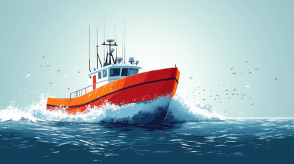 Naklejka premium Vibrant fishing boat navigates through azure waves as seagulls soar in the distant sky during a calm morning at sea