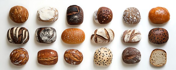 Collection handcrafted breads exhibited against a white background to emphasize their artisanal qualities.