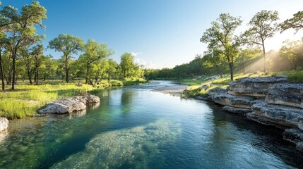 Serene river flowing through lush landscape