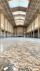 Empty factory interior, debris scattered floor