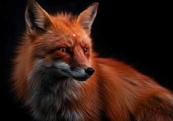 Fototapeta premium Close-up of a fox with fluffy orange fur against a black background, perfect for animal lovers or showcasing wildlife, for backgrounds or desktop wallpaper.