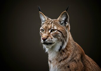 Obraz premium Beautiful eurasian lynx posing against dark background for wild animal protection concept, endangered species preservation awareness, and feline predator admiration
