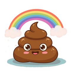 Cute and funny kawaii-style poop emoji with a smiling face, rainbow, and clouds, perfect for humorous stickers and prints