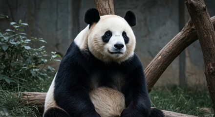 Fototapeta premium Majestic panda relaxing on a tree branch. Powerful mammal showing black and white fur. Wildlife beauty in nature for conservation awareness and zoo advertising