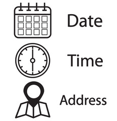 Time, date and address icon set. Calendar, clock, location. Editable stroke. Linear vector outline illustration. Vector illustration.