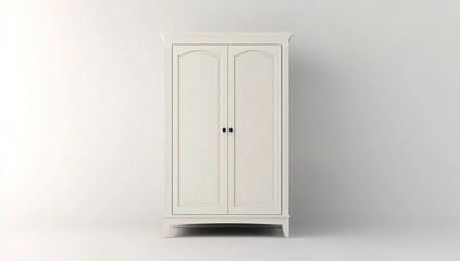 A modern minimalist wardrobe in a closed state, with white sliding doors featuring wooden handles, a wooden drawer at the bottom, simple design, set against a white wall