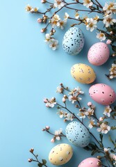 Fototapeta premium Colorful Easter eggs arranged on a light blue background with delicate cherry blossoms creating a cheerful spring scene for festive celebrations