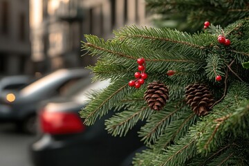 Pine branches adorned with red berries and pine cones capture the essence of winter greenery in an urban setting