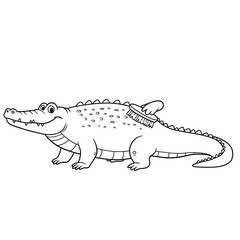 Line drawing of a smiling crocodile being brushed, showcasing a playful and charming illustration suitable for children's books, coloring pages, or pet grooming concepts