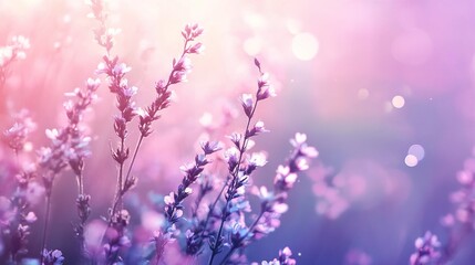 Naklejka premium A field of delicate purple flowers, with a soft purple and pink gradient background, dreamy bokeh light effects, gentle lighting, in a whimsical and romantic style