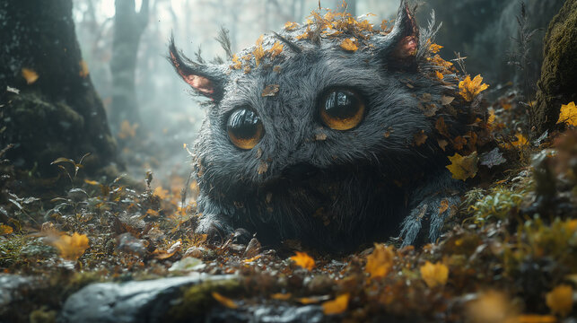 Exploring the enchanting habitat of the ornamental nestled among autumn leaves in a mystical forest