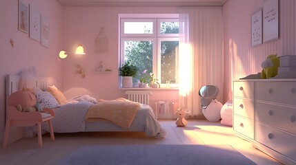 Cozy pastel bedroom with soft lighting and playful decor.