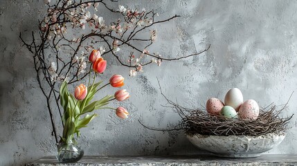 Concrete background featuring a nest with Easter eggs, tulips, and a decorative tree, creating a unique spring display.