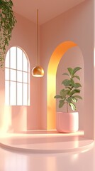 Pastel room with arched window and plant, modern display