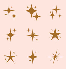 Twinkling stars icon vector set. Shiny sparks icon. Minimalist twinkle star shape symbols. Modern geometric elements, shining star icon set. Twinkling spark and burst icons set