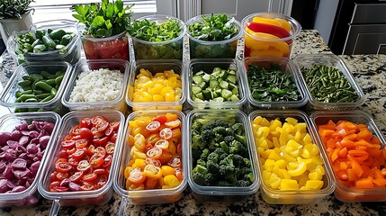 Containers fresh ingredients organized for a health-focused meal prep session.