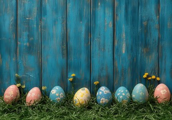 Colorful Easter Eggs Arranged on Green Grass Against Bright Blue Weathered Wood Background for Celebrating Spring and Holiday Festivities
