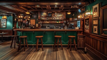 A traditional bar interior with a wooden counter lined with high wooden stools, a wooden shelf filled with various liquor bottles behind the counter, green walls and windows in the background