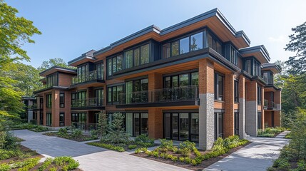 Modern residential building nestled within lush landscaping.  Spacious apartments with balconies and large windows, offering a peaceful and elegant living environment
