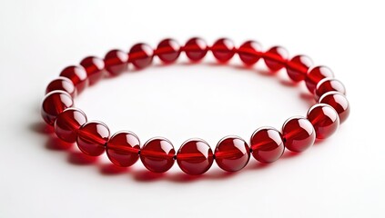 Obraz premium A bracelet made of glossy red round beads, placed on a white background, the beads reflecting light, bright lighting