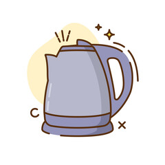 The image shows a cartoon illustration of an electric kettle. The kettle is light purple or gray with a darker purple or brown outline