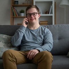 Obraz premium Young man with down syndrome in casual clothes spends free time in living room