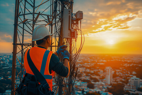 Telecom technician working on communication tower wiring with safety gear during beautiful sunset above the city
