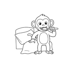 Obraz premium Line drawing of monkey brushing teeth beside bed, showcasing childlike innocence and hygiene habits, ideal for kids' book illustrations or educational materials