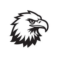 Black and white illustration, stylized eagle head, sharp beak, fierce eye, bold graphic design 