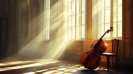A serene interior scene featuring a cello beside a chair, illuminated by soft sunlight.