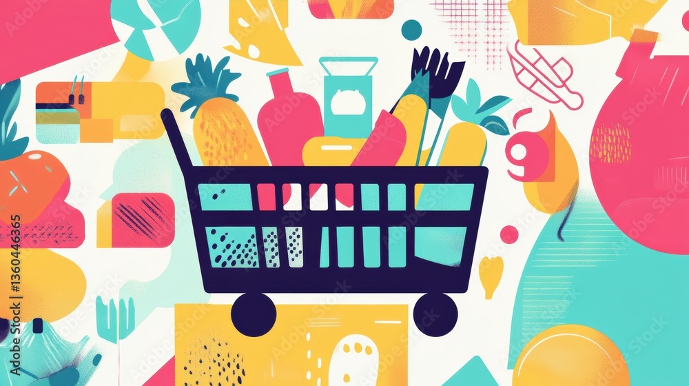 Poster stylish abstract grocery shopping theme featuring geometric shapes and bold colors generative ai