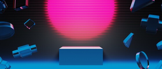 3d illustration rendering of y2k 2000s gamer technology futuristic fantasy metaverse cyberpunk sci-fi display podium abstract background neon-glow