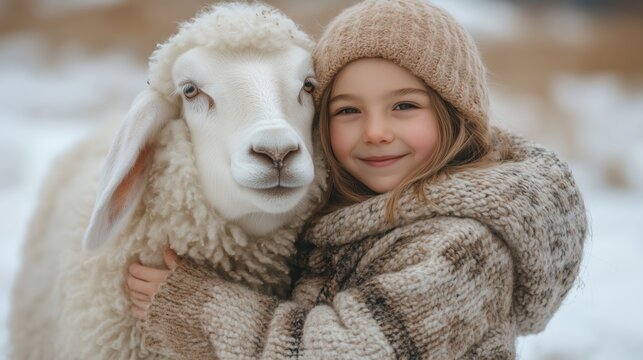 Girl smiling with sheep in snowy landscape, wearing cozy sweater and hat during winter afternoon