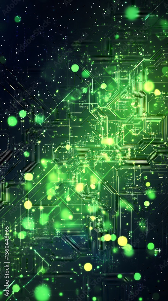 Poster abstract futuristic green circuit board with glowing lights and network connections