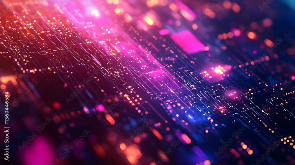 Fototapete Abstract Futuristic Digital Network Technology Background with Glowing Lines and Particles