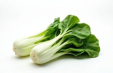 Fresh bok choy vegetable isolated on white background. Healthy green Chinese cabbage leaves, stems, macro shot. Organic ingredient for asian cooking. Healthy fresh organic food, nutrition. Vegetarian