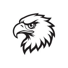 Black and white illustration, stylized eagle head, sharp beak, fierce eye, bold graphic design 