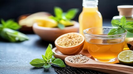 Hair regrowth natural solutions. Refreshing herbal drink with ingredients and garnishes.