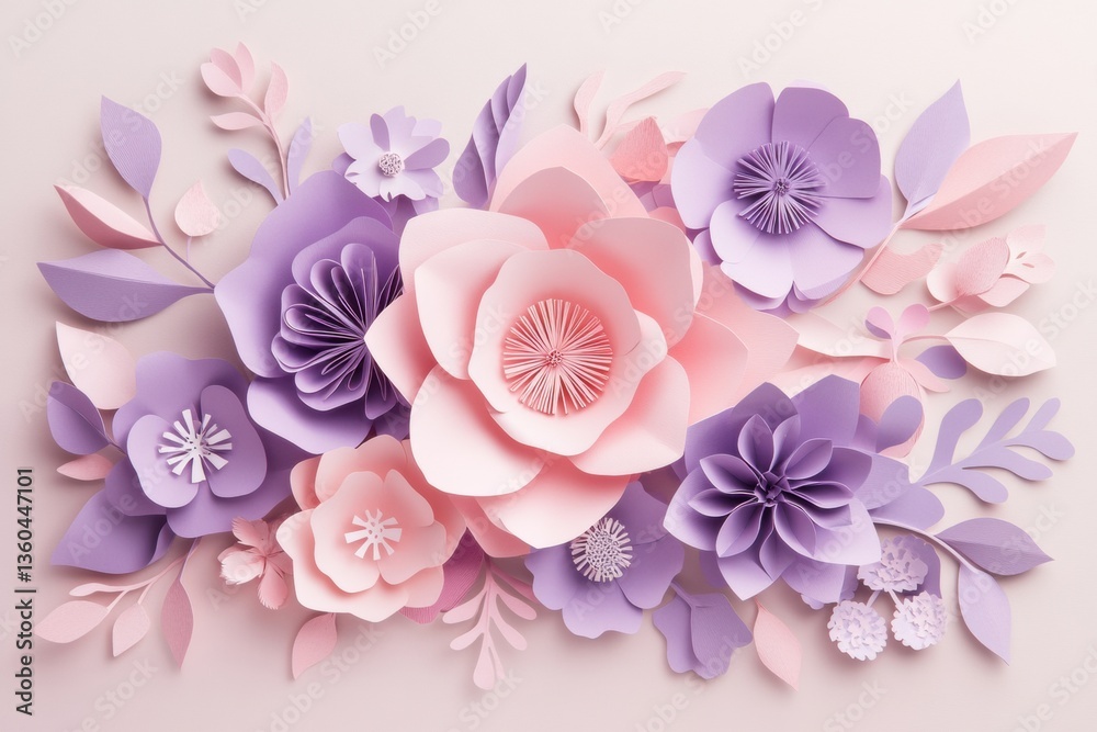 Poster delicate layered paper flowers in soft pink and purple tones with intricate cutout details create a 