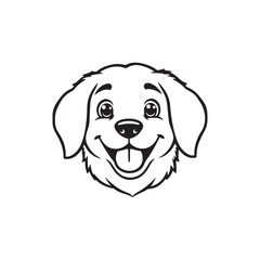 Cartoon dog face, happy expression, black and white line drawing
