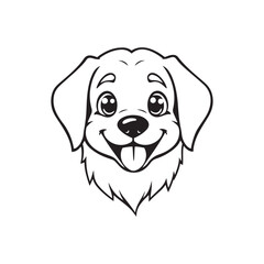 Cartoon dog face, happy expression, black and white line drawing