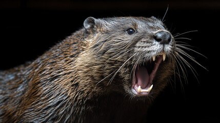 Wild animal headshot of a roaring otter with intricate fur details, captured in natural light during daytime