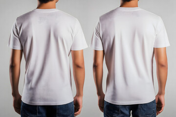 Casual Young Man in White T-Shirt Posing Against Peach Background